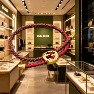 Gucci Red Green Braided Leather Interlocking G Clasp Bracelet