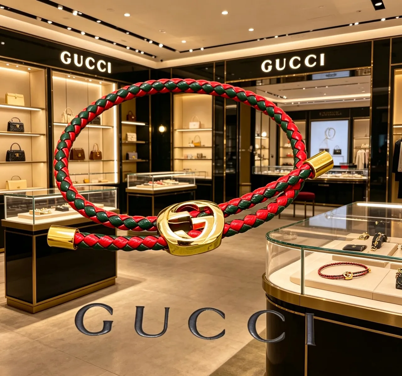 Gucci pulseira de couro trançado vermelho e verde interlocking G Clasp 4
