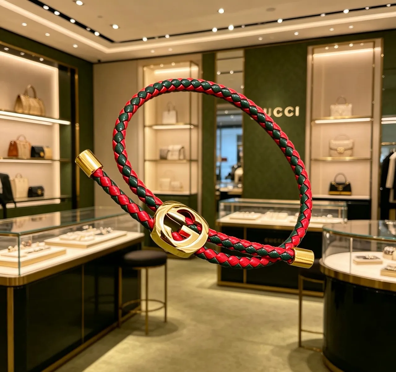 Gucci pulseira de couro trançado vermelho e verde interlocking G Clasp 6