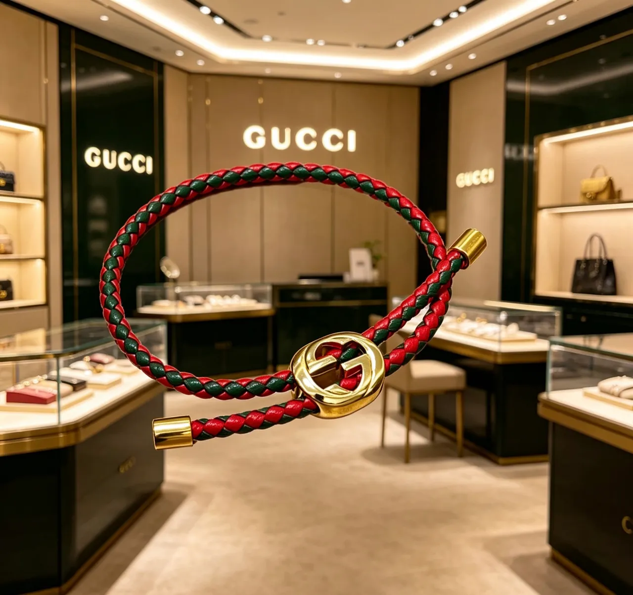 Gucci pulseira de couro trançado vermelho e verde interlocking G Clasp 7