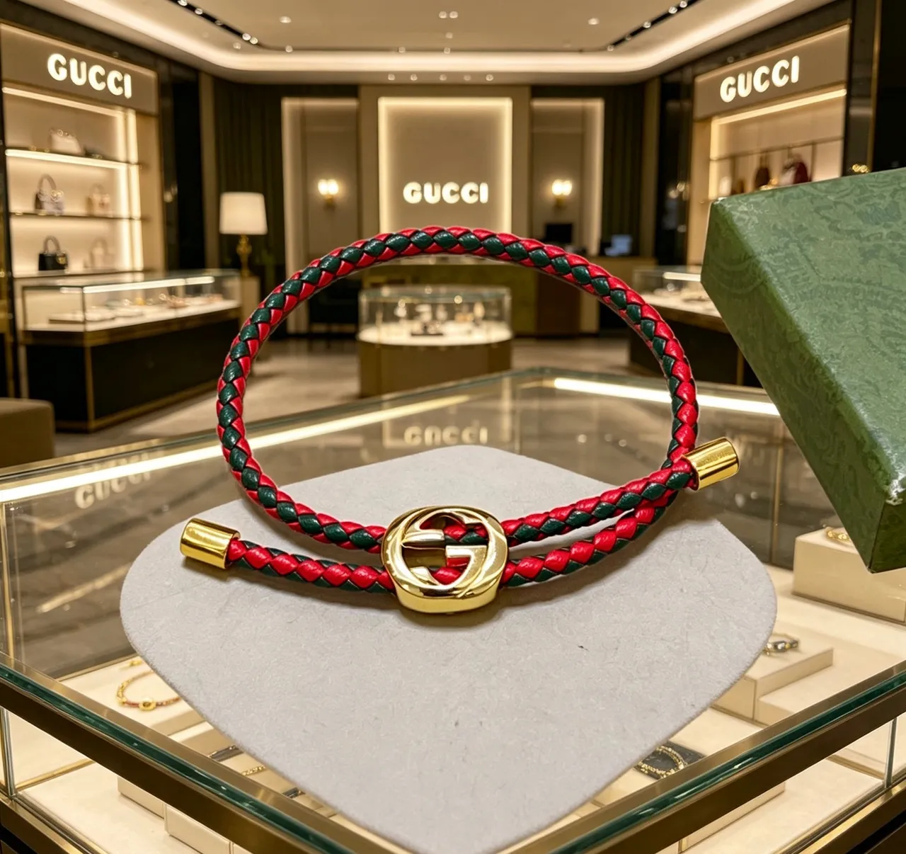 Gucci pulseira de couro trançado vermelho e verde interlocking G Clasp 9