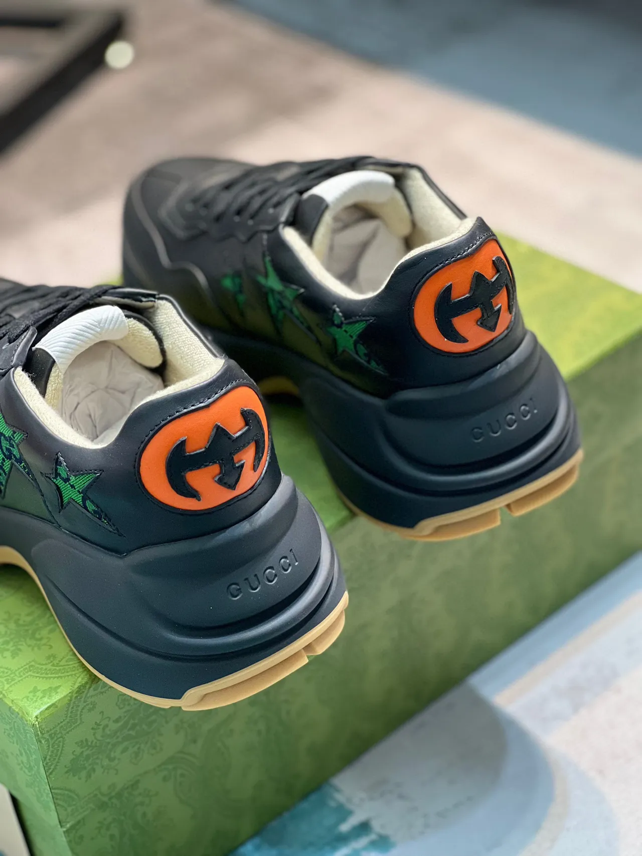 Gucci Rhyton Black Leather Green Star Embroidery Chunky Sneakers 2