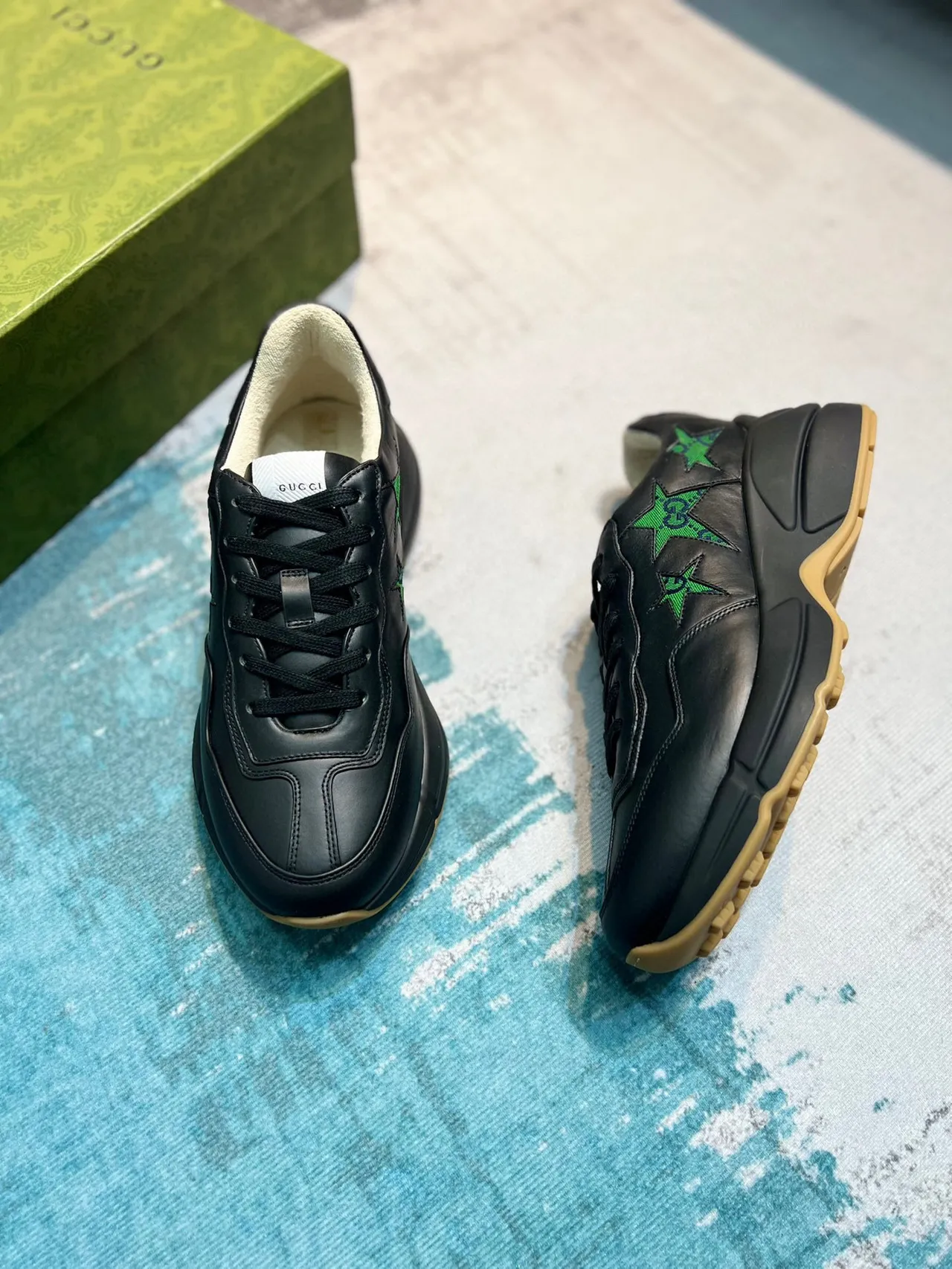 Gucci Rhyton Black Leather Green Star Embroidery Chunky Sneakers 4