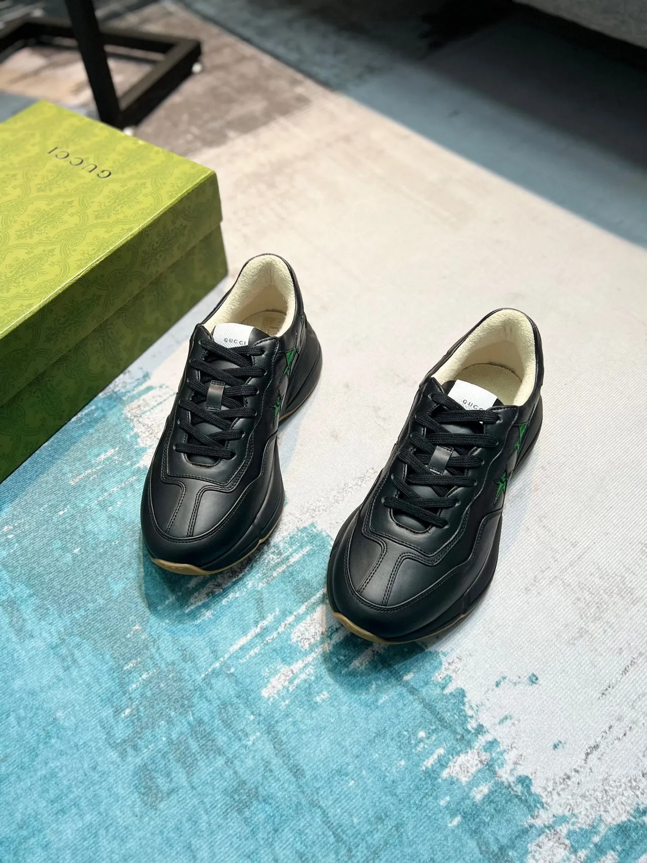 Gucci Rhyton Black Leather Green Star Embroidery Chunky Sneakers 5