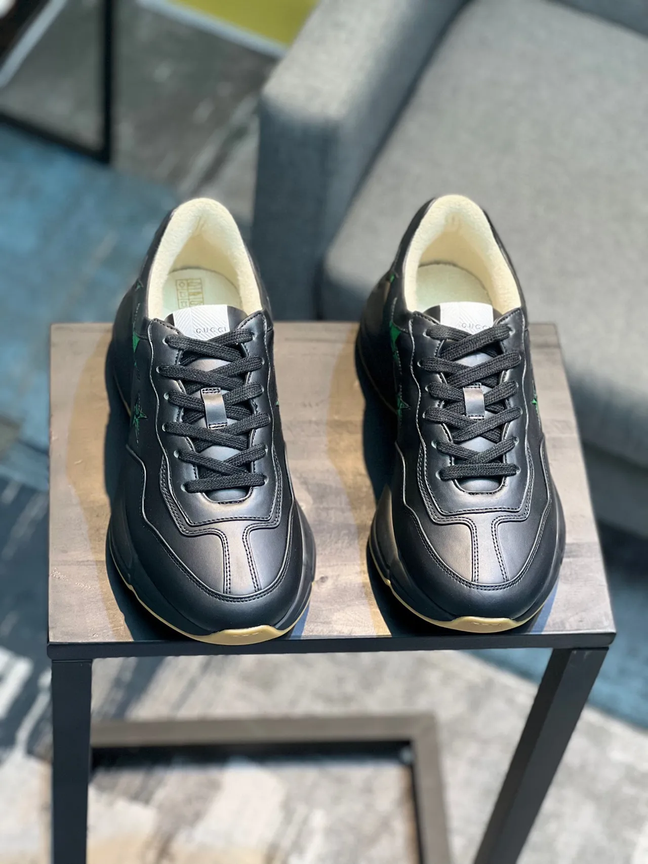 Gucci Rhyton Black Leather Green Star Embroidery Chunky Sneakers 6
