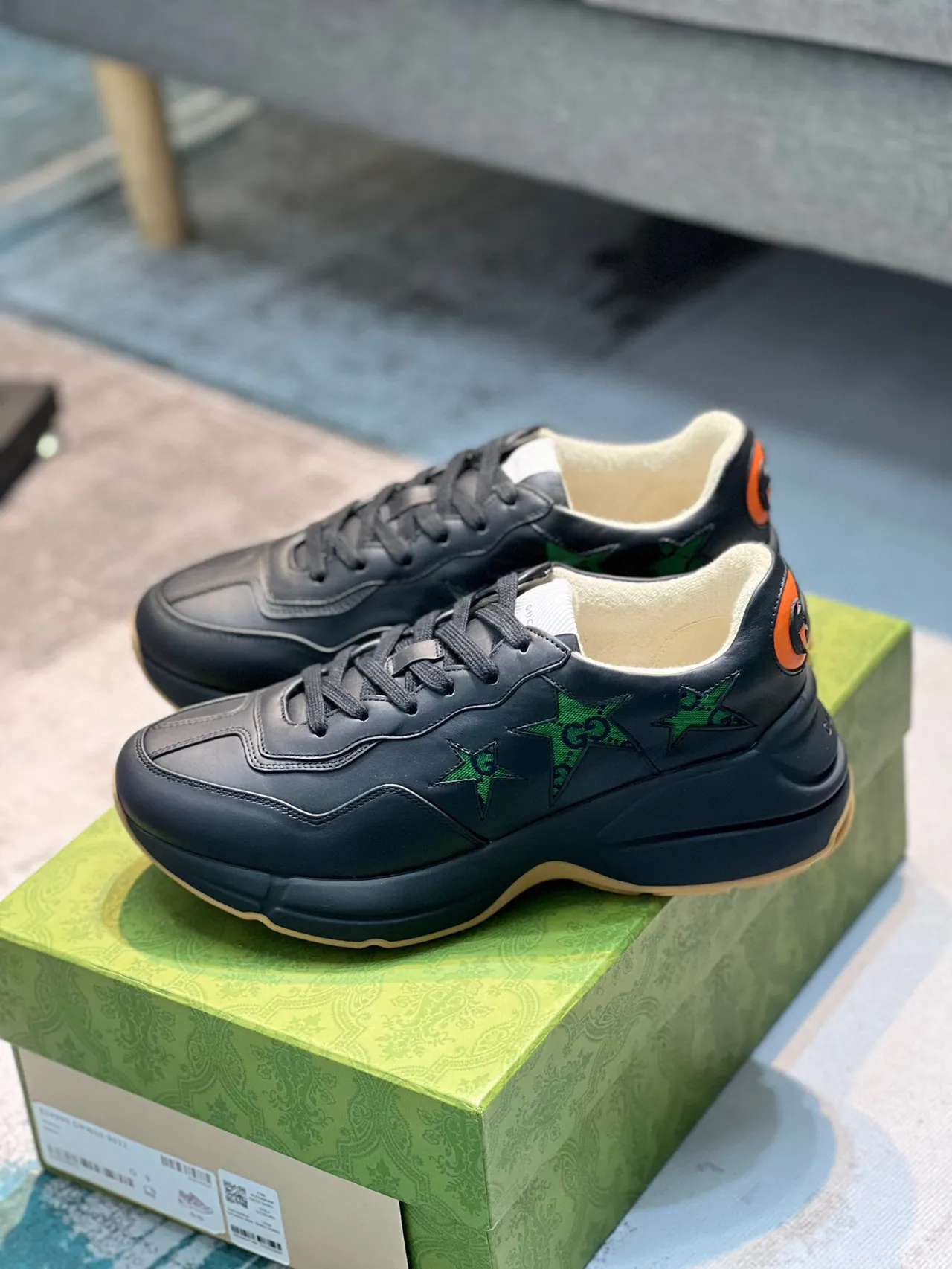 Gucci Rhyton Black Leather Green Star Embroidery Chunky Sneakers 7