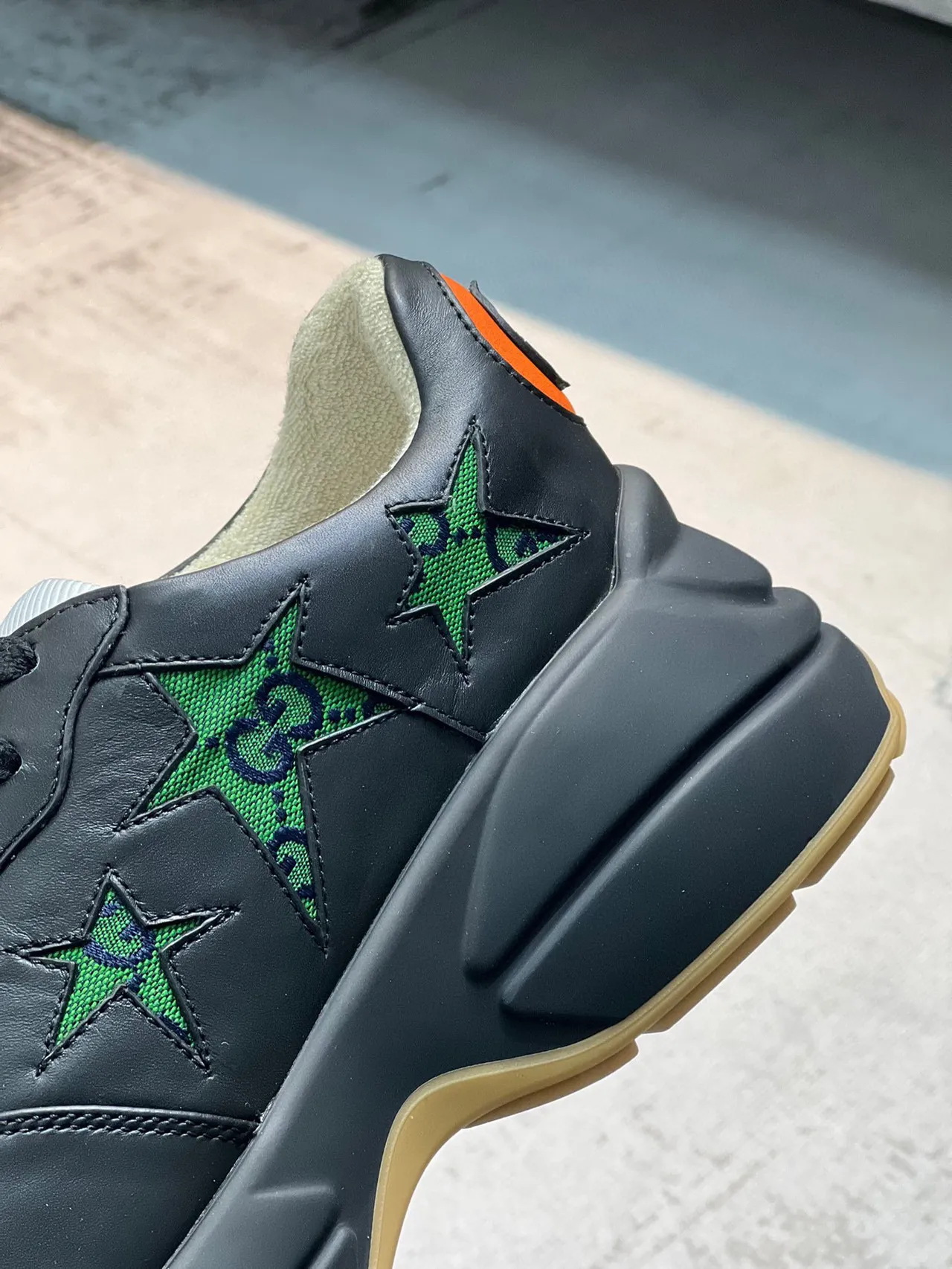 Gucci Rhyton Black Leather Green Star Embroidery Chunky Sneakers 8