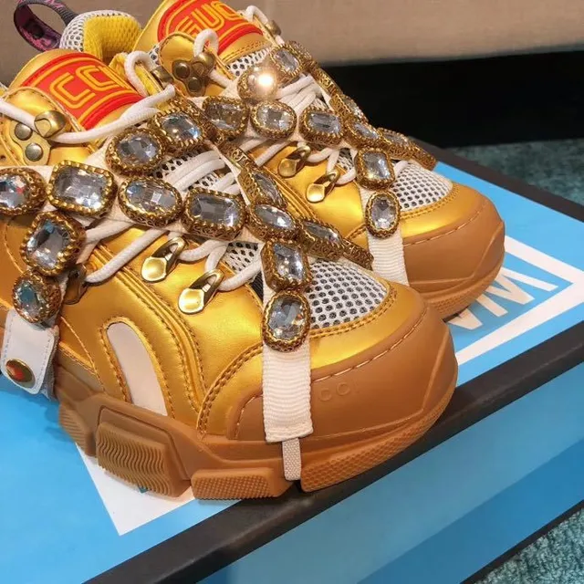 Gucci Rhyton Crystal-Embellished Gold Chunky Sneakers 3