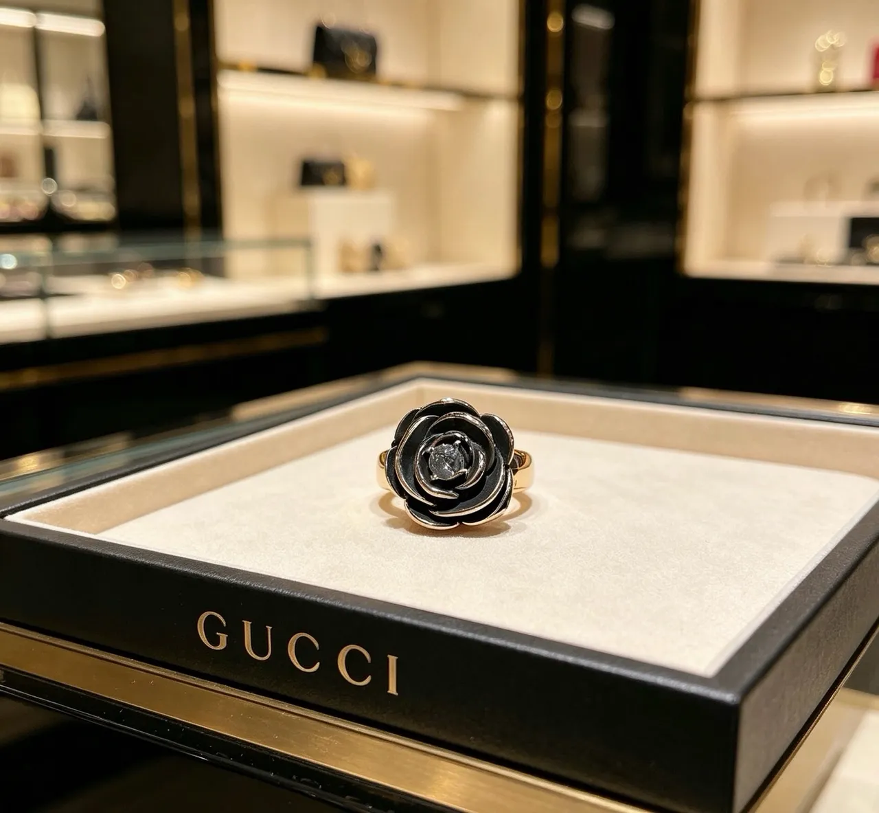Gucci Bague Motif Rose Émail Noir et Cristal 5