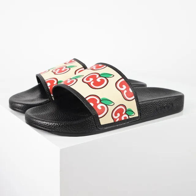 Gucci Screener Apple Print Cream and Black Slippers 2