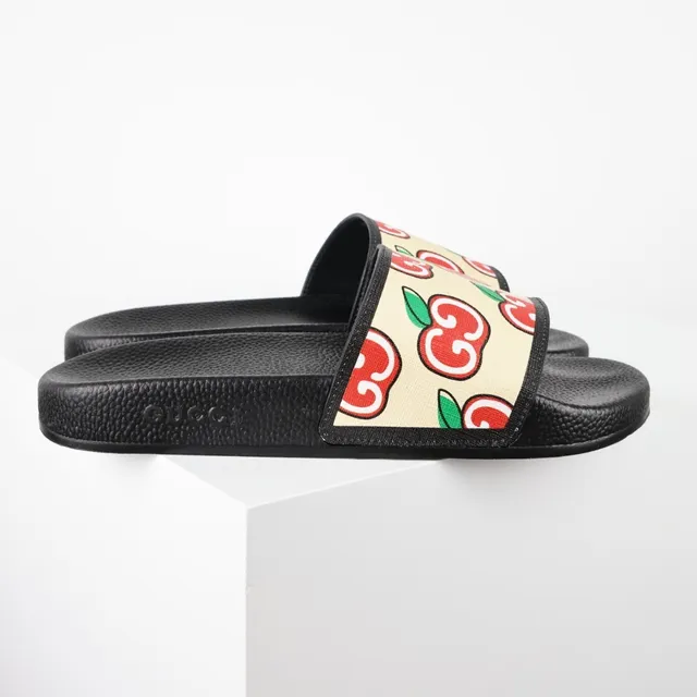 Gucci Screener Apple Print Cream and Black Slippers 3