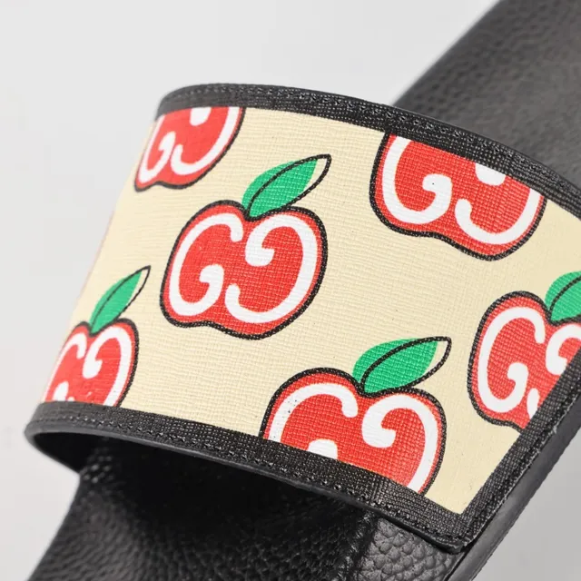 Gucci Screener Apple Print Cream and Black Slippers 6