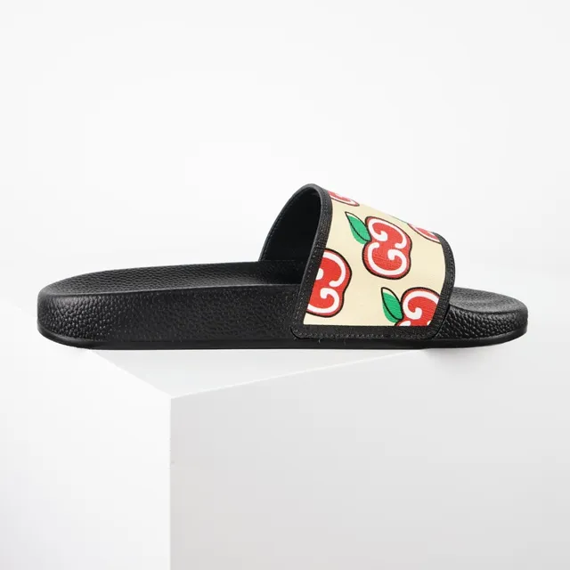 Gucci Screener Apple Print Cream and Black Slippers 7