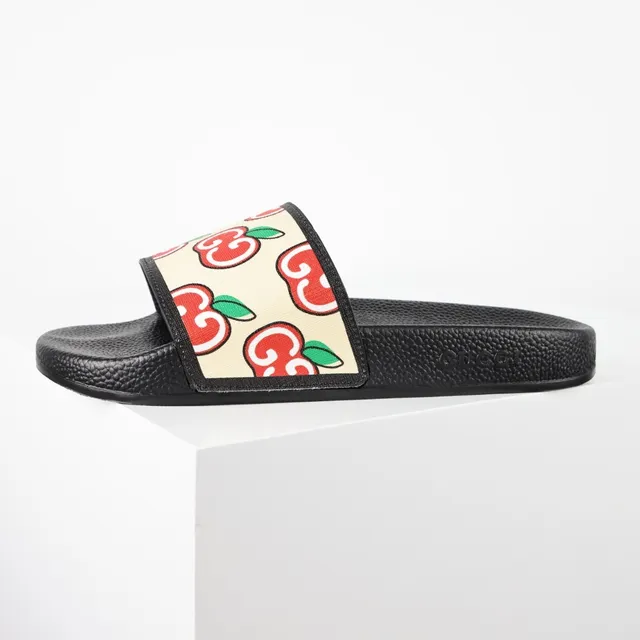 Gucci Screener Apple Print Cream and Black Slippers 9