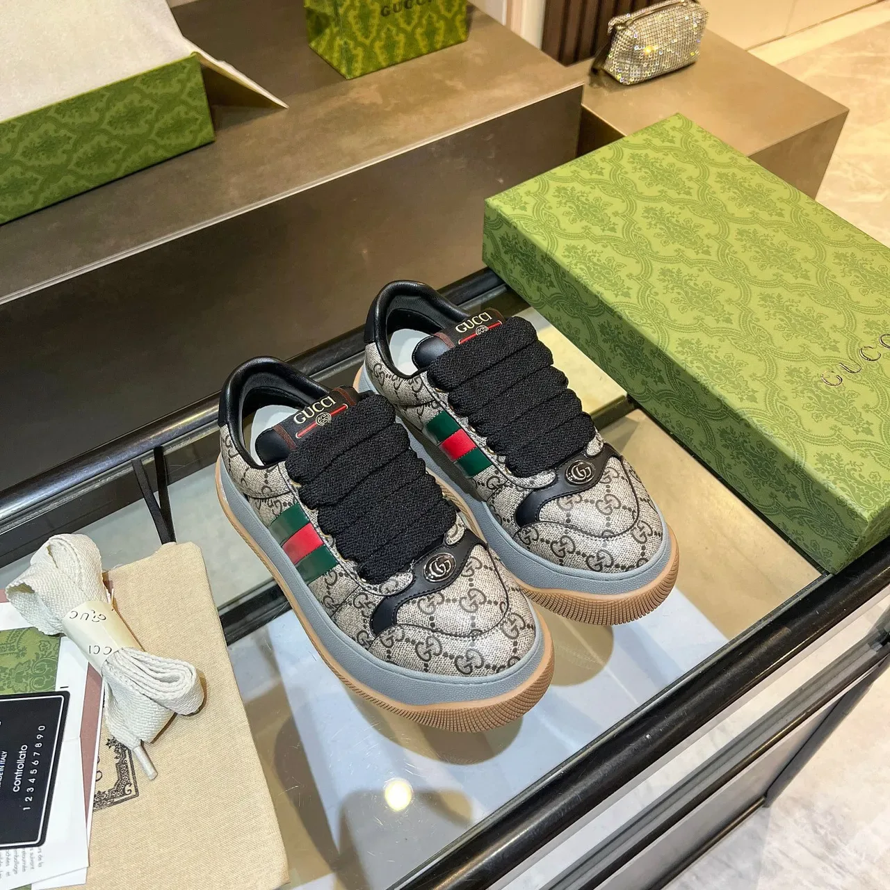 Gucci Screener Beige Monogram Canvas Vert Rouge Web Plateforme Lifestyle Sneakers 4