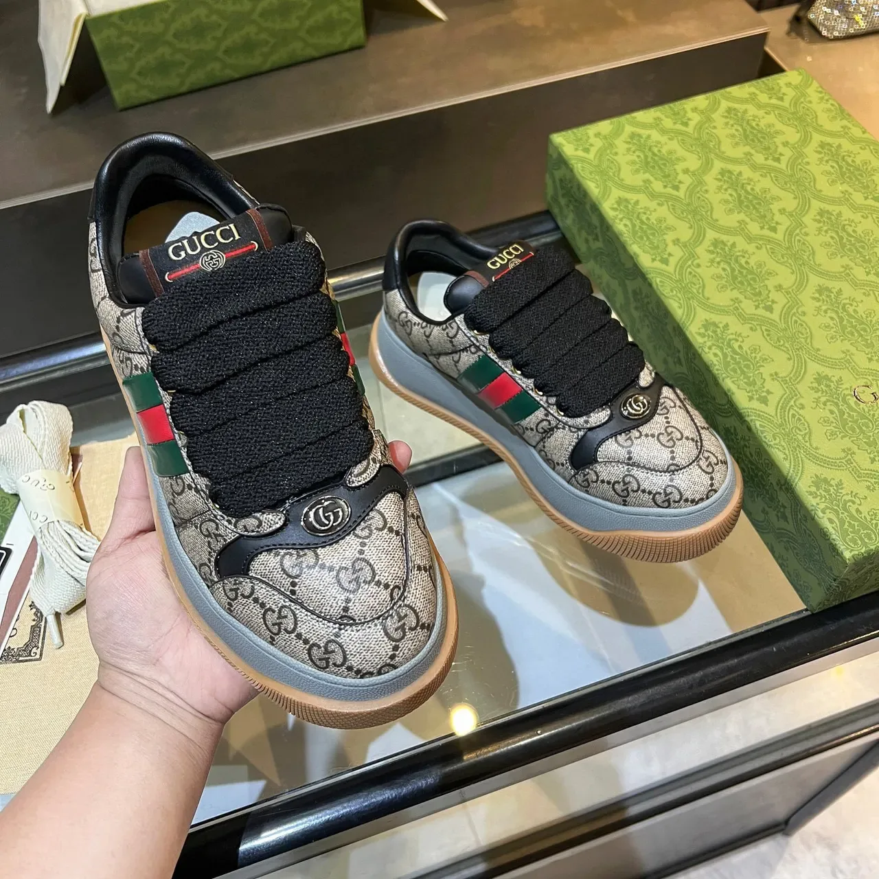 Gucci Screener Beige Monogram Canvas Vert Rouge Web Plateforme Lifestyle Sneakers 5