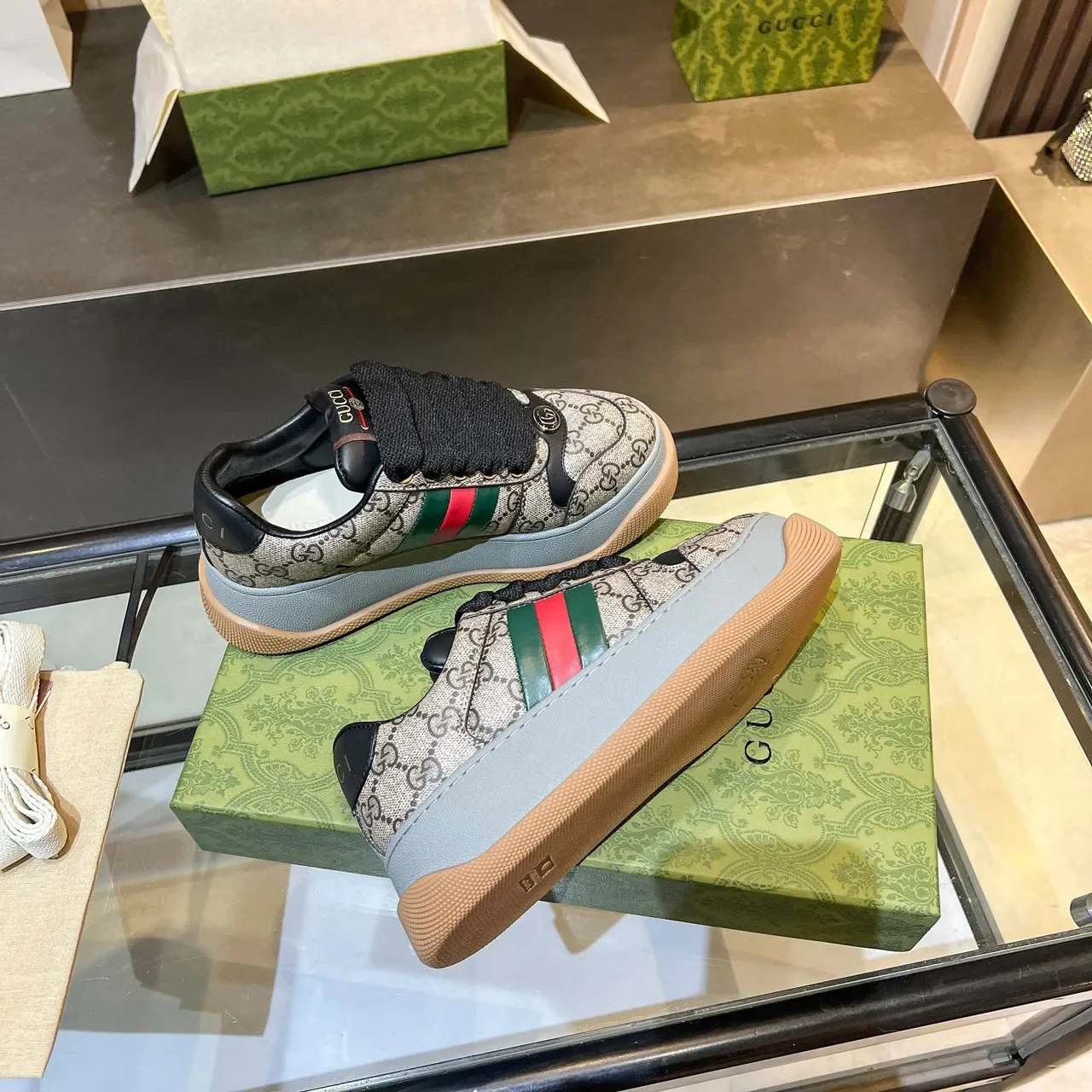 Gucci Screener Beige Monogram Canvas Vert Rouge Web Plateforme Lifestyle Sneakers 6