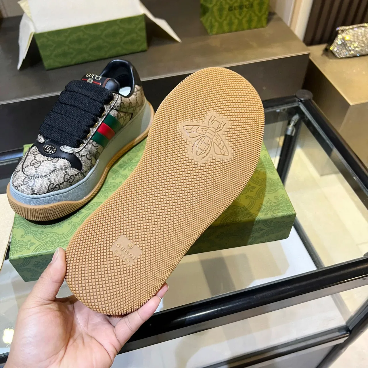 Gucci Screener Beige Monogram Canvas Vert Rouge Web Plateforme Lifestyle Sneakers 8