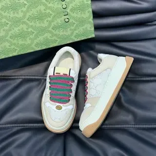 Gucci Screener Beige Multicolor GG Monogram Canvas Padded Collar Lifestyle Sneakers