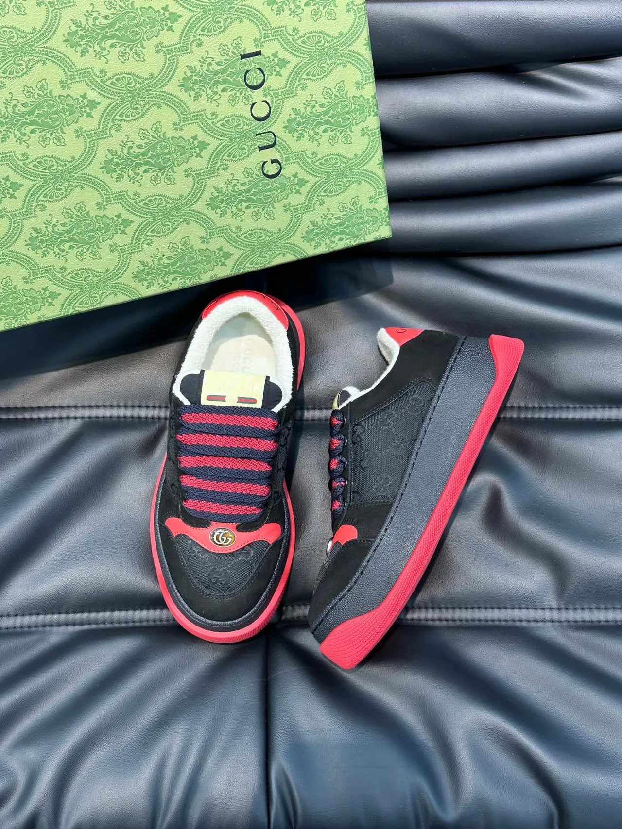 Gucci Screener Black and Red Striped Knit Strap Lifestyle Sneakers 2