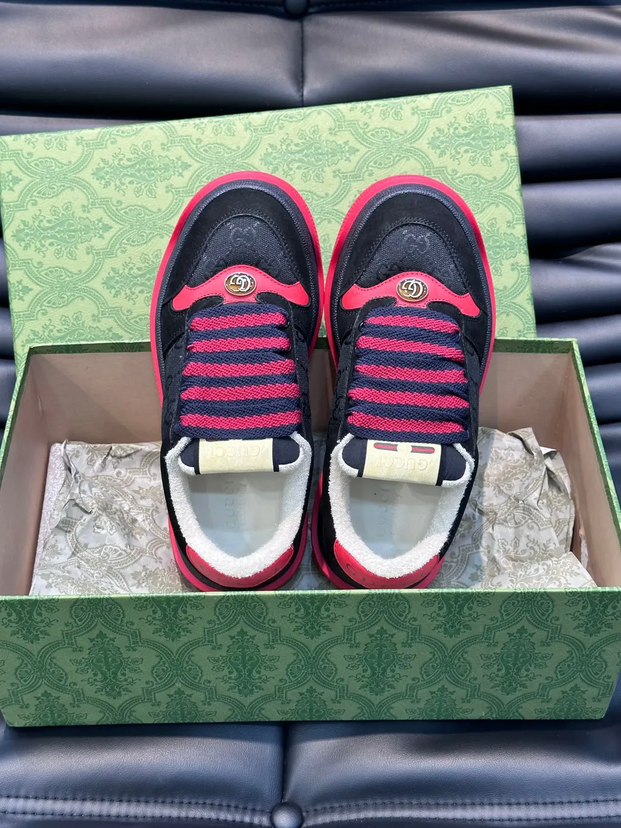 Gucci Screener Black and Red Striped Knit Strap Lifestyle Sneakers 5