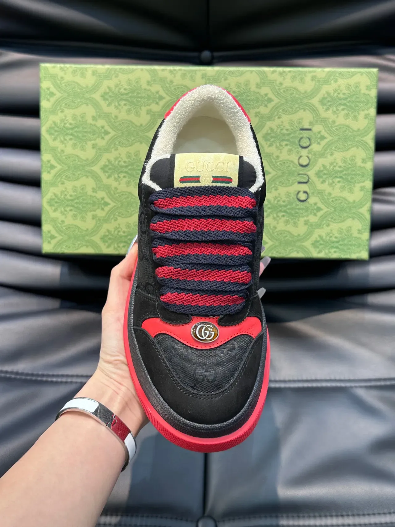Gucci Screener Black and Red Striped Knit Strap Lifestyle Sneakers 7