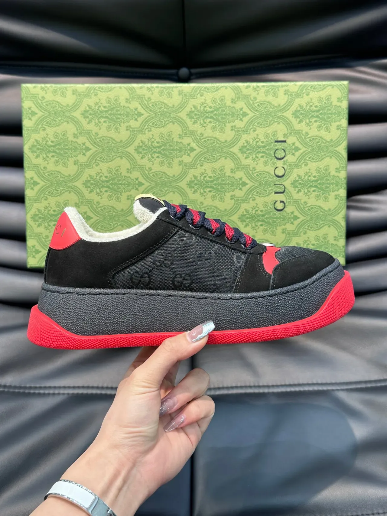 Gucci Screener Black and Red Striped Knit Strap Lifestyle Sneakers 8