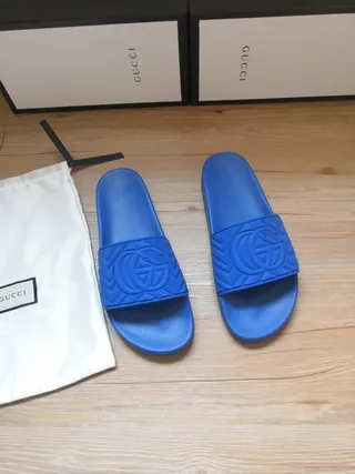 Gucci Screener Blue Embossed GG Monogram Slippers 2