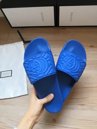 Gucci Screener Blue Embossed GG Monogram Slippers 5