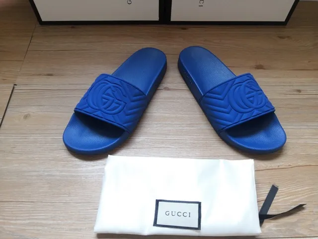 Gucci Screener Blue Embossed GG Monogram Slippers 9