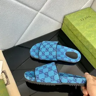 Gucci Screener Blue Purple GG Monogram Print Double-Strap Slide Slippers