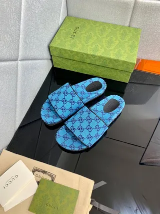 Gucci Screener Blue Purple GG Monogram Print Double-Strap Slide Slippers 2