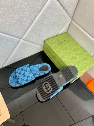 Gucci Screener Blue Purple GG Monogram Print Double-Strap Slide Slippers 3