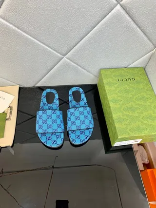 Gucci Screener Blue Purple GG Monogram Print Double-Strap Slide Slippers 4