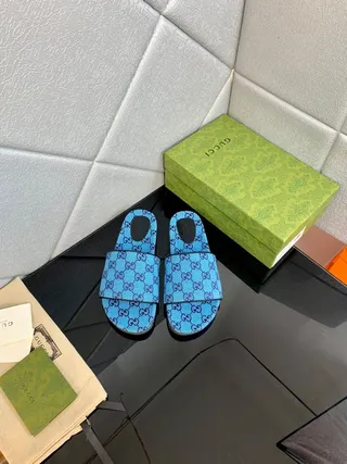 Gucci Screener Blue Purple GG Monogram Print Double-Strap Slide Slippers 5