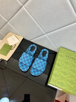 Gucci Screener Blue Purple GG Monogram Print Double-Strap Slide Slippers 6