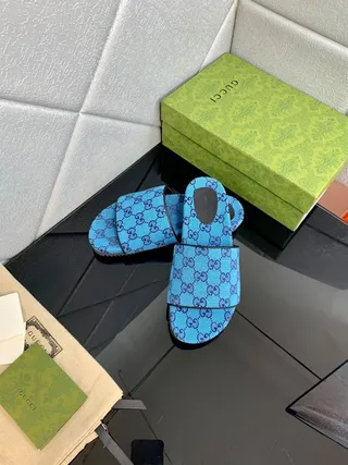 Gucci Screener Blue Purple GG Monogram Print Double-Strap Slide Slippers 8