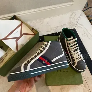 Gucci Screener Charcoal Gray Web Stripe High-Top Lifestyle Sneakers