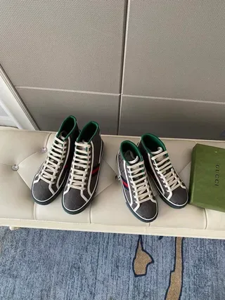 Gucci Screener Charcoal Gray Web Stripe High-Top Lifestyle Sneakers 2
