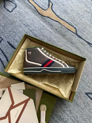 Gucci Screener Charcoal Gray Web Stripe High-Top Lifestyle Sneakers 6