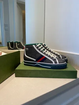 Gucci Screener Charcoal Gray Web Stripe High-Top Lifestyle Sneakers 7