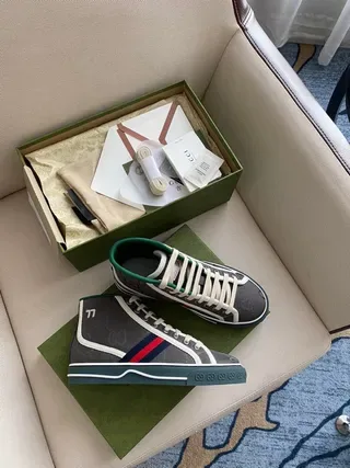 Gucci Screener Charcoal Gray Web Stripe High-Top Lifestyle Sneakers 9