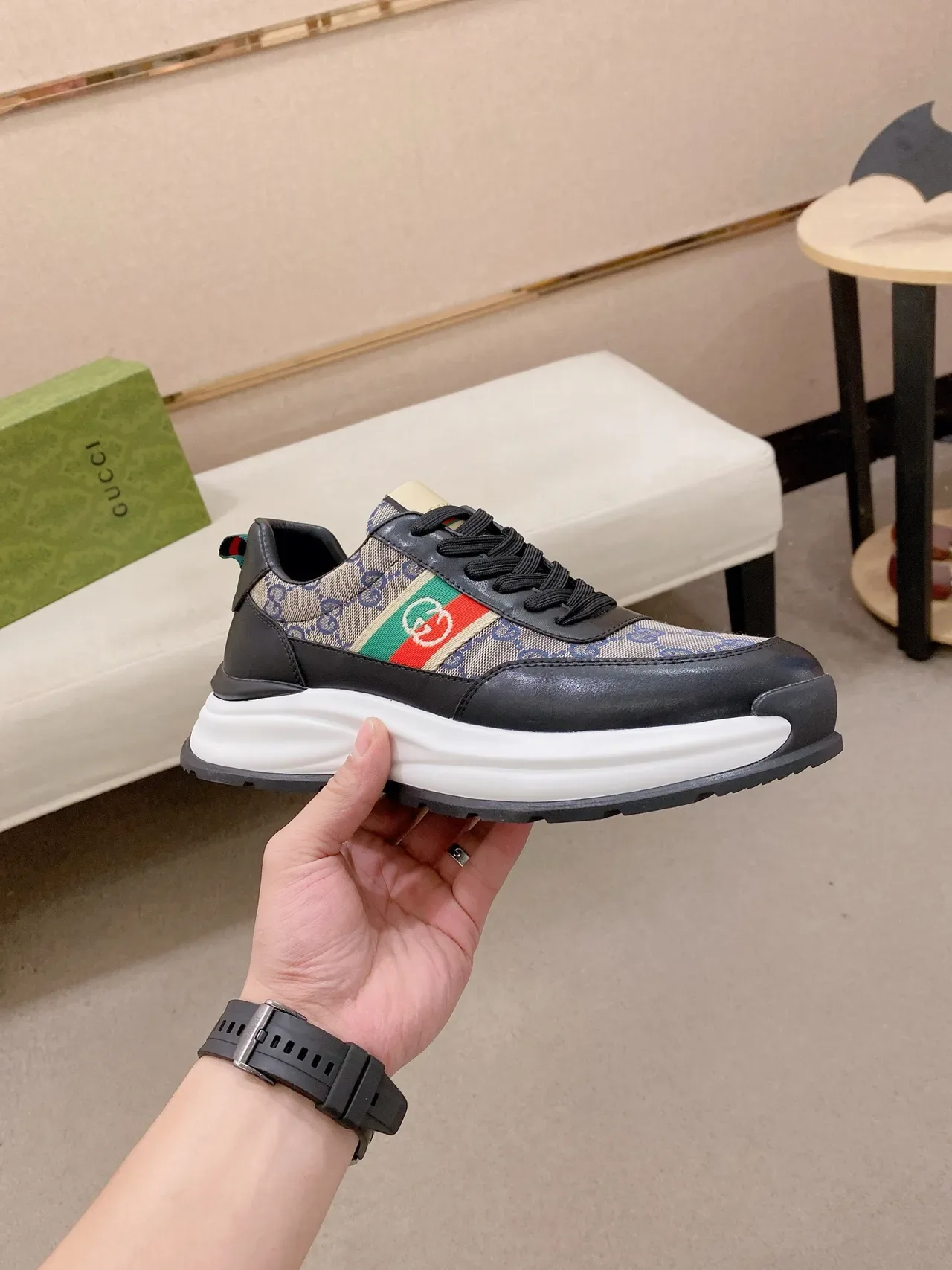 Gucci Screener GG Monogram Canvas and Leather Black Red Green Web Lifestyle Sneakers 4