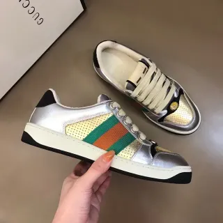 Gucci Screener Metallic Silver Green Orange Web Stripe Lifestyle Sneakers