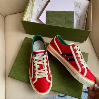 Gucci Screener Red Green Canvas Upper Double Navy Stripe Lifestyle Sneakers