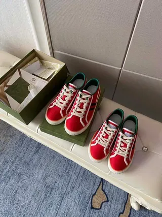 Gucci Screener Red Green Canvas Upper Double Navy Stripe Lifestyle Sneakers 2