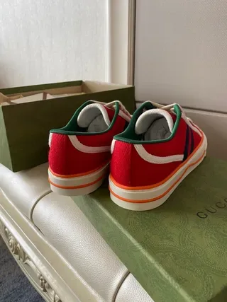 Gucci Screener Red Green Canvas Upper Double Navy Stripe Lifestyle Sneakers 3