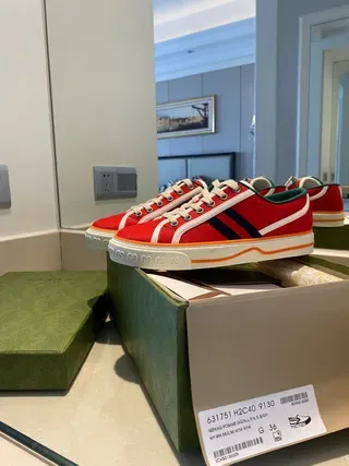 Gucci Screener Red Green Canvas Upper Double Navy Stripe Lifestyle Sneakers 5