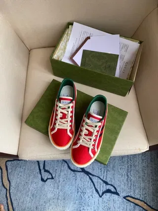 Gucci Screener Red Green Canvas Upper Double Navy Stripe Lifestyle Sneakers 6