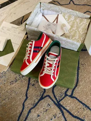 Gucci Screener Red Green Canvas Upper Double Navy Stripe Lifestyle Sneakers 7